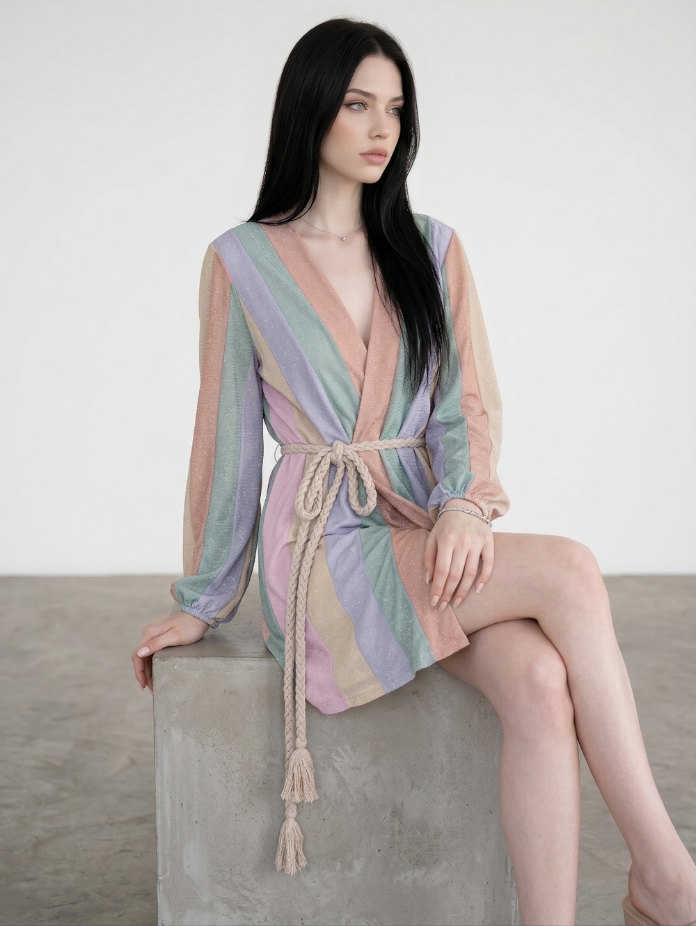 Aura “Sparks Fly” Shimmer Rainbow Wrap Mini Dress S Pastel Metallic Balloon